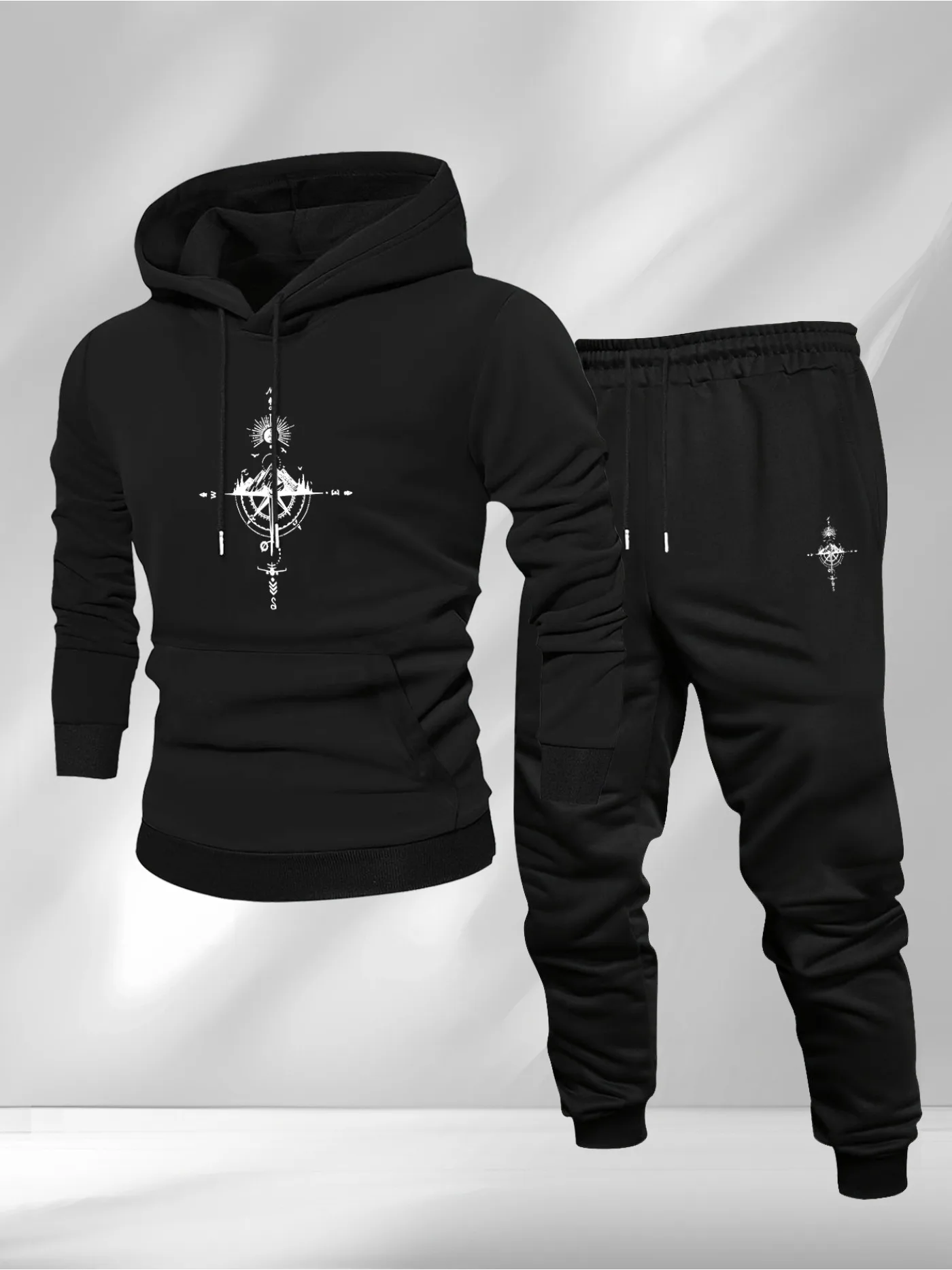 Men Fashion Vintage - Vintage Compass Print Hoodie and Sweatpants