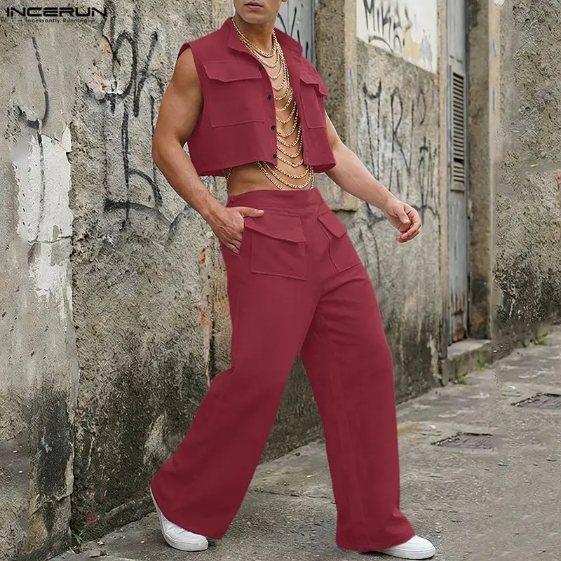 Track Suit Men - INCERUN Men Sets Solid Sleeveless Crop