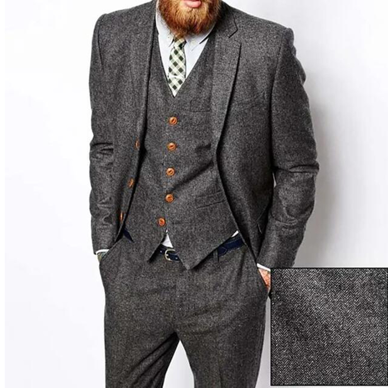 Men'S Dress Pants Fashion - Grey Herringbone Tweed Winter Men Suits
